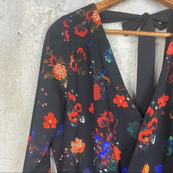 Gianni Bini black red yellow floral long sleeve faux wrap romper small - Picture 5 of 8